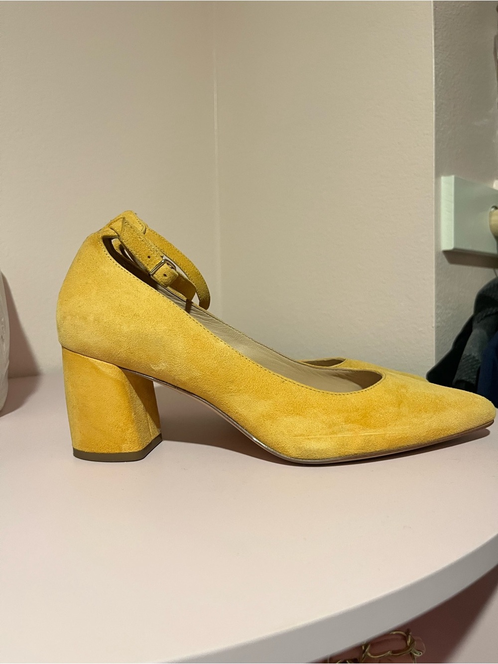27 EDIT Yellow Suede Block Heel Pump with Ankle Strap
